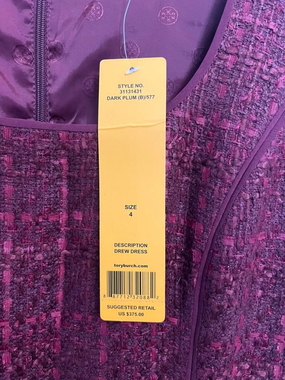 Tory Burch Drew Dress Dark Plum Tweed Sheath Sz 4 NWT $375 Retail